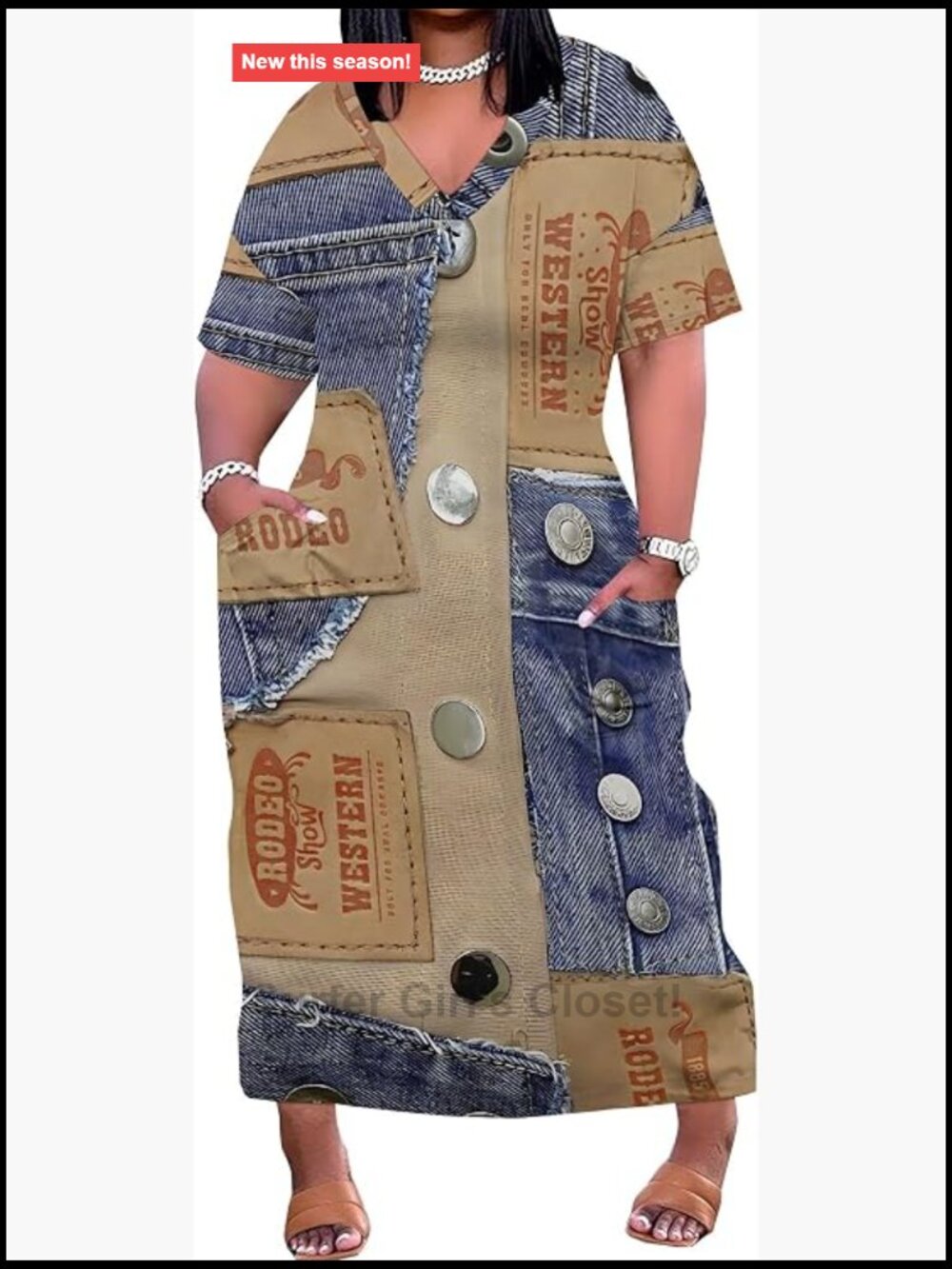 Plus Size Denim Print Maxi Dress V Neck Short Sleeve Pockets Soft Jean Look